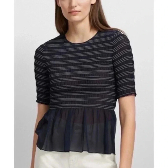 Club Monaco Aqua Stripe Luceenie Sheer Peplum Top Medium - Picture 1 of 9